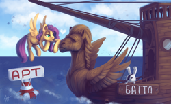 Size: 1304x800 | Tagged: safe, artist:yarugreat, imported from derpibooru, angel bunny, fluttershy, pegasus, pony, cyrillic, flirting, ocean, russian, ship, smiling, tabun art-battle, tabun art-battle cover, water