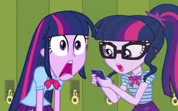 Size: 2500x1563 | Tagged: safe, artist:ktd1993, edit, edited screencap, imported from derpibooru, screencap, sci-twi, twilight sparkle, human, equestria girls, cellphone, glasses, phone