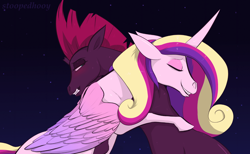 Size: 1400x860 | Tagged: safe, artist:stoopedhooy, derpibooru exclusive, imported from derpibooru, princess cadance, tempest shadow, alicorn, pony, unicorn, blushing, canterlot wedding 10th anniversary, cute, duo, duo female, female, hug, night, standing, wholesome