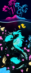 Size: 1700x4000 | Tagged: safe, artist:unlimitedmagic7, imported from derpibooru, oc, sea pony, seapony (g4), black background, blue eyes, blue mane, bubble, contest entry, coral, dorsal fin, fins, fish tail, flowing mane, flowing tail, island, open mouth, seaweed, signature, simple background, solo, swimming, tail, tree, underwater, water