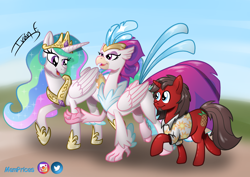 Size: 3508x2481 | Tagged: safe, artist:memprices, imported from derpibooru, princess celestia, queen novo, oc, oc:ironyoshi, alicorn, hippogriff, pony, unicorn, my little pony: the movie, commission, crown, high res, horn, jewelry, looking at each other, looking at someone, open mouth, open smile, pony oc, regalia, shading, smiling, stroll, talking, unicorn oc, walking