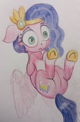 Size: 528x800 | Tagged: safe, artist:ponsce, imported from derpibooru, pipp petals, pegasus, pony, circlet, colored pencil drawing, female, floppy ears, g5, hooves to the chest, lying down, on back, solo, spread wings, stare, traditional art, wings