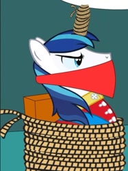 Size: 500x667 | Tagged: safe, imported from derpibooru, shining armor, unicorn, angry, cloth gag, clothes, gag, glare, shining armor is not amused, tied to chair, tied up, unamused