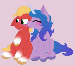 Size: 3168x2800 | Tagged: safe, artist:feather_bloom, imported from derpibooru, izzy moonbow, sprout cloverleaf, earth pony, pony, unicorn, blushing, bracelet, cheek kiss, cute, duo, female, floppy ears, g5, izzybetes, izzysprout, jewelry, kissing, male, mare, shipping, simple background, sproutbetes, stallion, straight, unshorn fetlocks