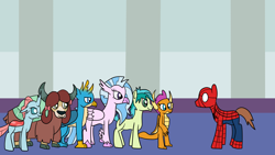 Size: 1920x1080 | Tagged: safe, artist:platinumdrop, imported from derpibooru, gallus, ocellus, sandbar, silverstream, smolder, yona, changedling, changeling, dragon, earth pony, griffon, hippogriff, pony, yak, female, male, marvel, ponified, request, spider-man, student six