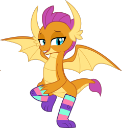 Size: 2550x2666 | Tagged: safe, artist:don't mind me, derpibooru exclusive, imported from derpibooru, smolder, dragon, clothes, dragoness, female, horns, show accurate, simple background, socks, solo, stockings, striped socks, thigh highs, transparent background, wings