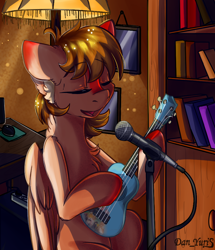 Size: 820x952 | Tagged: safe, artist:yuris, imported from derpibooru, oc, oc only, oc:erein, pegasus, pony, book, bookshelf, brown mane, butt, closet, eyes closed, female, folded wings, lamp, microphone, microphone stand, musical instrument, open mouth, pegasus oc, plot, room, singing, solo, ukulele, wings