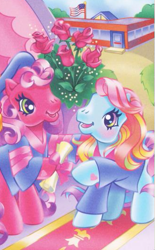 Size: 327x528 | Tagged: safe, artist:lyn fletcher, imported from derpibooru, cheerilee, cheerilee (g3), rainbow dash (g3), earth pony, pony, american flag, clothes, diploma, duo, duo female, female, flower, g3, graduation, graduation cap, happy, hat, hoof heart, official, rose, school