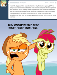 Size: 615x800 | Tagged: safe, artist:hotdiggedydemon, imported from derpibooru, apple bloom, applejack, earth pony, pony, ask jappleack, abuse, adorabloom, applebuse, ask, cute, female, filly, foal, jappleack, mare, text