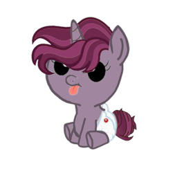 Size: 500x500 | Tagged: safe, artist:decokenite, artist:stargazeandsundance, imported from derpibooru, oc, oc only, oc:nightingale, pony, unicorn, bun hairstyle, diaper, female, filly, foal, hair over eyes, horn, looking up, offspring, parent:chancellor neighsay, parent:tempest shadow, parents:tempest neighsay, simple background, solo, tongue out, transparent background, unicorn oc