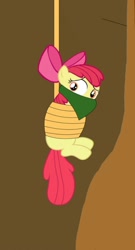 Size: 720x1338 | Tagged: safe, imported from derpibooru, apple bloom, earth pony, pony, bondage, bound and gagged, cloth gag, damsel in distress, danger, distressed, gag, hanging, help, help me, helpless, looking at someone, looking at something, looking back, over the nose gag, rope, rope bondage, ropes, sad, scared, tied up, woobie, worried