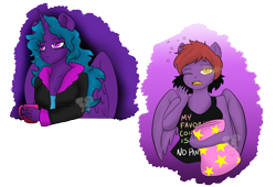 Size: 2500x1700 | Tagged: safe, artist:darkdreamingblossom, imported from derpibooru, oc, oc only, oc:dark dreaming blossom, oc:flutternight, alicorn, anthro, pegasus, alicorn oc, anthro oc, clothes, duo, female, horn, morning ponies, one eye closed, partial background, pegasus oc, pillow, tanktop, transparent background, wings, yawn