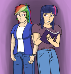 Size: 1999x2102 | Tagged: safe, artist:aflurryofdragons, imported from derpibooru, rainbow dash, twilight sparkle, human, book, clothes, duo, female, humanized