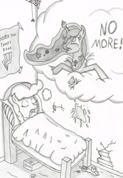 Size: 4770x6906 | Tagged: safe, artist:aflurryofdragons, imported from derpibooru, pinkie pie, princess luna, alicorn, earth pony, pony, bed, dream walker luna, drool, duo, female, monochrome, sketch, sleeping, snoring, traditional art