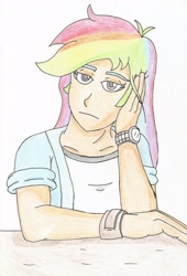 Size: 2346x3454 | Tagged: safe, artist:aflurryofdragons, imported from derpibooru, rainbow dash, human, bored, female, humanized, solo, traditional art