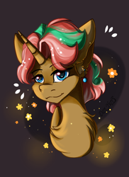 Size: 1500x2066 | Tagged: safe, artist:yuris, imported from derpibooru, oc, oc only, oc:niko, pony, unicorn, abstract background, blue eyes, bust, chest fluff, cute, ear fluff, ear piercing, earring, female, horn, jewelry, mare, piercing, signature, smiling, solo, two toned mane, unicorn oc