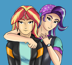 Size: 1311x1180 | Tagged: safe, artist:aflurryofdragons, imported from derpibooru, starlight glimmer, sunset shimmer, human, equestria girls, blue background, clothes, duo, female, human coloration, simple background