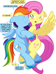 Size: 1920x2547 | Tagged: safe, alternate version, artist:alexdti, imported from derpibooru, fluttershy, rainbow dash, pegasus, pony, alternate character, blushing, dialogue, duo, duo female, eyes closed, female, floppy ears, flutterdash, high res, hooves, kissing, lesbian, mare, narrowed eyes, open mouth, partially open wings, shading, shipping, simple background, speech bubble, spread wings, tail, transparent background, unshorn fetlocks, wings