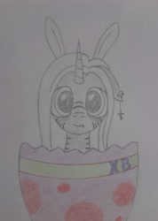 Size: 3954x5552 | Tagged: safe, artist:zerica, imported from derpibooru, oc, oc only, hybrid, zony, bunny ears, colored pencil drawing, easter, easter egg, egg, female, holiday, simple background, solo, traditional art
