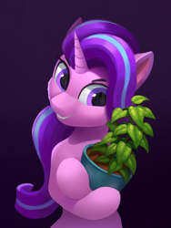 Size: 1194x1591 | Tagged: safe, artist:foxpit, imported from derpibooru, phyllis, starlight glimmer, pony, unicorn, collaboration, collaboration:choose your starlight, cute, female, glimmerbetes, hug, mare, plant, purple eyes, smiling, solo