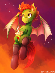 Size: 900x1200 | Tagged: safe, alternate version, artist:lostdreamm, imported from derpibooru, oc, oc only, bat pony, pony, bat pony oc, chest fluff, clothes, drink, female, socks, solo, spread wings, wings