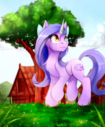 Size: 1000x1200 | Tagged: safe, artist:lostdreamm, imported from derpibooru, oc, oc only, pony, unicorn, chest fluff, female, grass, horn, not izzy moonbow, solo, tree, unicorn oc