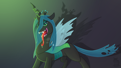 Size: 1920x1080 | Tagged: safe, artist:snailbert-arts, imported from derpibooru, queen chrysalis, changeling, changeling queen, crown, drool, fangs, female, forked tongue, gradient background, jewelry, regalia, sharp teeth, solo, teeth, transparent wings, wings