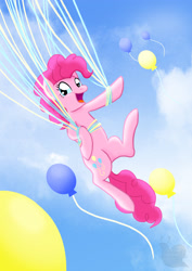 Size: 2480x3508 | Tagged: safe, artist:snailbert-arts, imported from derpibooru, pinkie pie, earth pony, pony, balloon, female, floating, flying, sky, solo, then watch her balloons lift her up to the sky