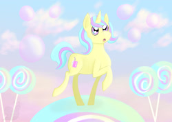 Size: 3508x2480 | Tagged: safe, artist:snailbert-arts, imported from derpibooru, oc, oc only, oc:cream soda, pony, unicorn, candy, female, food, horn, lollipop, solo, unicorn oc