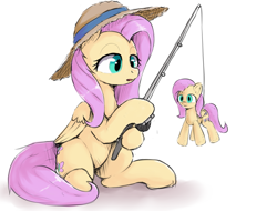 Size: 1189x904 | Tagged: safe, artist:dosh, imported from derpibooru, fluttershy, pegasus, pony, drawthread, female, fishing, fishing rod, hat, mare, open mouth, plushie, self plushidox, simple background, sitting, straw hat, white background