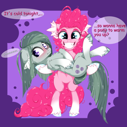 Size: 2500x2500 | Tagged: safe, artist:rurihal, imported from derpibooru, marble pie, pinkie pie, earth pony, pony, bipedal, blushing, bronybait, chest fluff, coat markings, ear fluff, gritted teeth, holding a pony, leg fluff, looking at you, smiling, smiling at you, socks (coat markings), teeth