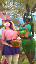 Size: 2160x3840 | Tagged: safe, artist:donglysfm, imported from derpibooru, princess cadance, queen chrysalis, alicorn, anthro, changeling, changeling queen, plantigrade anthro, art pack:eggy easter 2022, 3d, :p, basket, big breasts, breasts, bunny ears, busty princess cadance, busty queen chrysalis, changeling egg, chubby, clothes, concerned, easter, easter basket, easter egg, egg, female, high res, holiday, huge breasts, implied oviposition, outdoors, revamped anthros, skirt, socks, source filmmaker, stockings, thigh highs, tongue out
