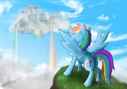 Size: 3508x2480 | Tagged: safe, artist:snailbert-arts, imported from derpibooru, rainbow dash, pegasus, pony, butt, cloudsdale, female, plot, solo, spread wings, wings