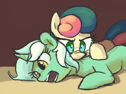 Size: 402x301 | Tagged: safe, artist:plunger, imported from derpibooru, bon bon, lyra heartstrings, sweetie drops, earth pony, pony, unicorn, abuse, biting, drawthread, duo, duo female, female, horn, lying down, lyrabuse, mare, open mouth, ponified animal photo, requested art, shrunken pupils