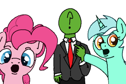 Size: 564x380 | Tagged: safe, artist:kleyime, imported from derpibooru, lyra heartstrings, pinkie pie, oc, oc:anon, earth pony, human, pony, unicorn, drawthread, meme, open mouth, pointing, ponified, ponified meme, requested art, simple background, soyjak, transparent background, wojak