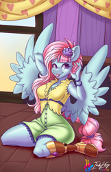 Size: 660x1020 | Tagged: safe, alternate version, artist:bumblebun, artist:inkkeystudios, imported from derpibooru, kerfuffle, anthro, pegasus, plantigrade anthro, rainbow roadtrip, :p, amputee, breasts, cleavage, clothes, dress, female, kneeling, looking at you, prosthetic leg, prosthetic limb, prosthetics, smiling, solo, tongue out