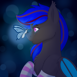 Size: 2000x2000 | Tagged: safe, artist:miru_yosimura, imported from derpibooru, oc, oc only, oc:ebony rose, bat pony, butterfly, butterfly on nose, butterfly wings, clothes, commission, commissioner:wolfgangrd, ear tufts, fangs, female, insect on nose, mare, socks, striped socks, wings