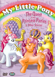 Size: 2500x3510 | Tagged: safe, imported from derpibooru, princess starburst, earth pony, pegasus, pony, crown, dvd cover, g1, jewelry, my little pony logo, official, regalia, text, throne, wand, wrong color