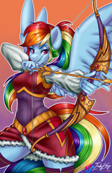 Size: 660x1020 | Tagged: safe, artist:bumblebun, artist:inkkeystudios, imported from derpibooru, part of a set, rainbow dash, anthro, pegasus, alternate hairstyle, archer, archer dash, archery, arrow, bow (weapon), bow and arrow, clothes, fantasy class, female, mare, multicolored hair, ponytail, rainbow dash always dresses in style, smiling, solo, watermark, weapon