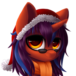 Size: 894x894 | Tagged: safe, artist:blooming-lynx, imported from derpibooru, oc, oc only, pony, unicorn, bust, christmas, clothes, female, hat, holiday, horn, portrait, santa hat, scarf, simple background, solo, sunglasses, transparent background, unicorn oc