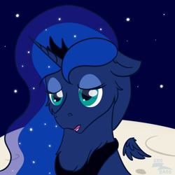 Size: 1000x1000 | Tagged: safe, artist:exobass, imported from derpibooru, princess luna, alicorn, pony, bust, female, floating wings, floppy ears, fluffy, lonely, moon, night, on the moon, solo, stars, wings