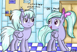 Size: 1900x1275 | Tagged: safe, artist:freefraq, imported from derpibooru, cloudchaser, flitter, pegasus, pony, alternate hairstyle, dialogue, duo, duo female, female, folded wings, frown, hooves, indoors, mare, open mouth, open smile, ponytail, siblings, signature, sisters, smiling, standing, tail, twins, wings