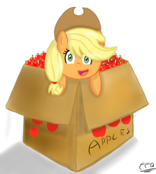 Size: 900x1000 | Tagged: safe, artist:freefraq, imported from derpibooru, applejack, earth pony, pony, apple, box, female, food, open mouth, open smile, pony in a box, simple background, smiling, solo, that pony sure does love apples, transparent background