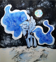 Size: 818x904 | Tagged: safe, artist:kluzart, imported from derpibooru, princess luna, pony, ethereal mane, moon, solo, space, traditional art