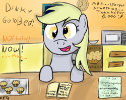 Size: 900x720 | Tagged: safe, artist:freefraq, imported from derpibooru, derpy hooves, pegasus, pony, book, dialogue, female, food, indoors, mare, muffin, offscreen character, open mouth, open smile, paper, signature, smiling, solo