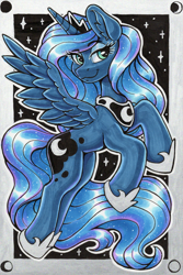 Size: 1793x2692 | Tagged: safe, artist:dandy, imported from derpibooru, princess luna, alicorn, pony, copic, ear fluff, ethereal mane, ethereal tail, eyeshadow, female, flying, hoof shoes, horn, jewelry, looking at you, makeup, peytral, princess shoes, regalia, slim, solo, spread wings, starry mane, starry tail, tail, traditional art, wings