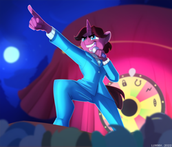 Size: 3642x3117 | Tagged: safe, artist:lummh, imported from derpibooru, oc, oc only, anthro, unicorn, clothes, crowd, game show, male, microphone, night, solo, spinner, stage, suit