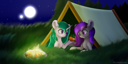 Size: 4096x2048 | Tagged: safe, artist:darbedarmoc, imported from derpibooru, oc, oc only, oc:anny sury, oc:sally star, bat pony, pony, campfire, camping, duo, fangs, fire, food, forest, grass, herbivore, horn, mango, moon, stars, tent, two toned mane