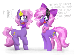 Size: 5500x4100 | Tagged: safe, artist:flutterthrash, imported from derpibooru, oc, oc:lillybit, oc:lily purpleflame, earth pony, adorkable, bowtie, clothes, commission, cute, dork, gamer, gaming headphones, gaming headset, headset, scarf, self paradox, self ponidox, socks, striped socks