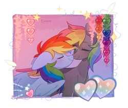 Size: 1057x892 | Tagged: safe, artist:k_irie, imported from derpibooru, rainbow dash, oc, oc:dark rainbow, pegasus, pony, boop, canon x oc, colored wings, commission, cute, darsh, duo, eyes closed, female, heart, kissing, male, mare, multicolored wings, nose kiss, nuzzling, pegasus oc, rainbow wings, shipping, stallion, straight, wings, ych result